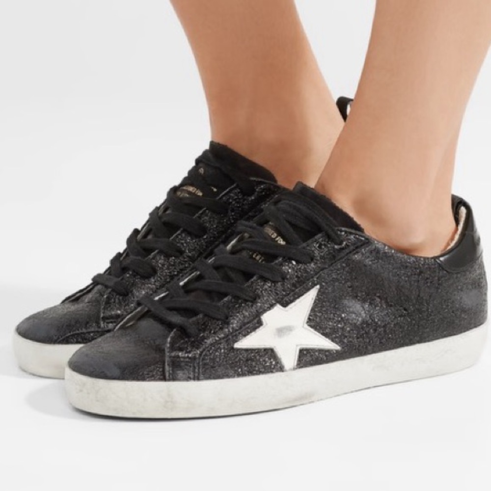 Golden Goose Superstar Distressed Cracked Leather Black Sneakers